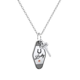 Lucky Horseshoe Engravable Retro Keychain Charm Necklace with Accent - Black in 925 Sterling Silver with Garnet