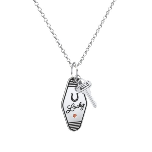 Lucky Horseshoe Engravable Retro Keychain Charm Necklace with Accent - Black – Sterling Silver with Garnet