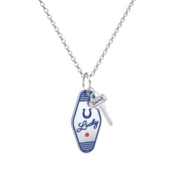 Lucky Horseshoe Engravable Retro Keychain Charm Necklace with Accent - Blue