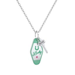 Lucky Horseshoe Engravable Retro Keychain Charm Necklace with Accent - Green