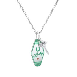 Lucky Horseshoe Engravable Retro Keychain Charm Necklace with Accent - Green in 925 Sterling Silver with Garnet