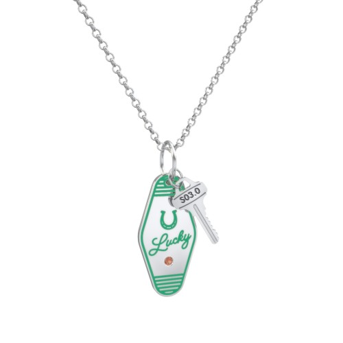 Lucky Horseshoe Engravable Retro Keychain Charm Necklace with Accent - Green – Sterling Silver with Garnet