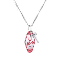 Lucky Horseshoe Engravable Retro Keychain Charm Necklace with Accent - Red