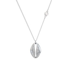 Coffee Bean Shell Necklace with Bezel Set Gemstone – Sterling Silver with Cubic Zirconia