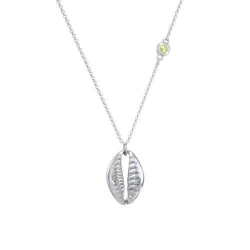 Coffee Bean Shell Necklace with Bezel Set Gemstone – Sterling Silver with Peridot
