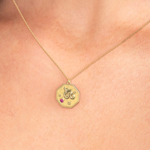 Year of the Dragon Engravable Zodiac Medallion Necklace – Sterling Silver with Garnet