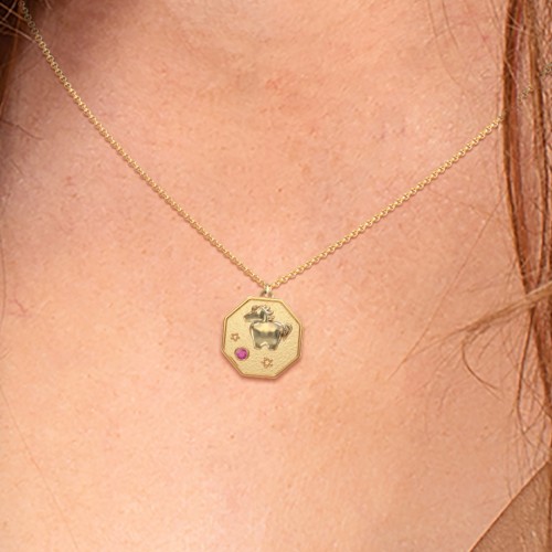 Year of the Horse Engravable Zodiac Medallion Necklace – Sterling Silver with Garnet