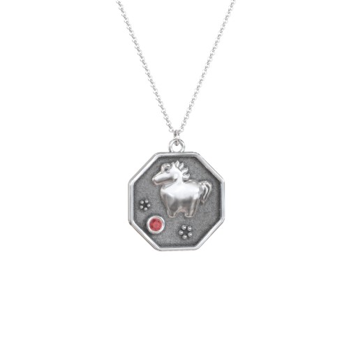 Year of the Horse Engravable Zodiac Medallion Necklace – Sterling Silver with Garnet