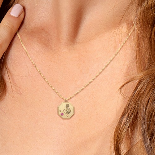 Year of the Monkey Engravable Zodiac Medallion Necklace – Sterling Silver with Garnet