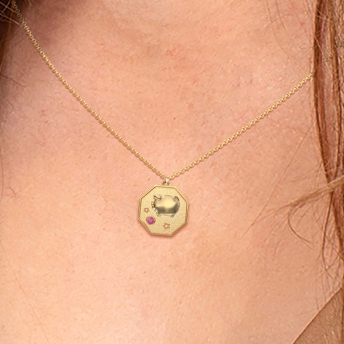 Year of the Pig Engravable Zodiac Medallion Necklace – Sterling Silver with Garnet