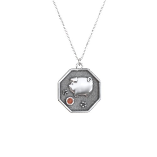 Year of the Pig Engravable Zodiac Medallion Necklace – Sterling Silver with Garnet