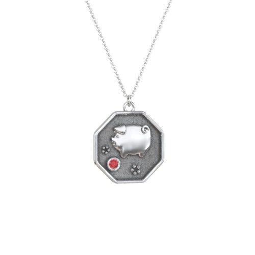 Year of the Pig Engravable Zodiac Medallion Necklace – Sterling Silver with Garnet