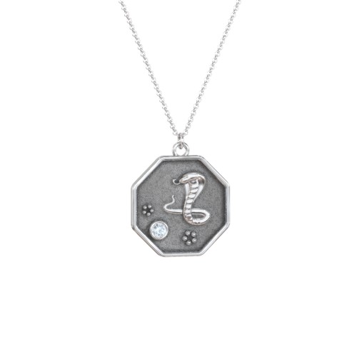 Year of the Snake Engravable Zodiac Medallion Necklace – Sterling Silver with Aquamarine
