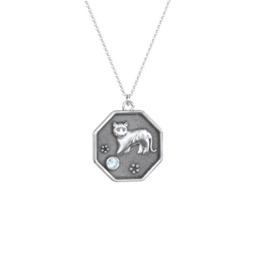 Year of the Tiger Engravable Zodiac Medallion Necklace – Sterling Silver with Blue Topaz