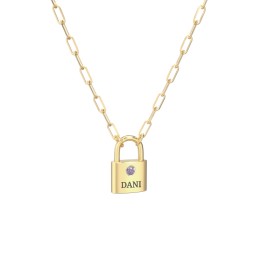 Engravable Lock Necklace with Gemstone in 18K Gold Plated Silver