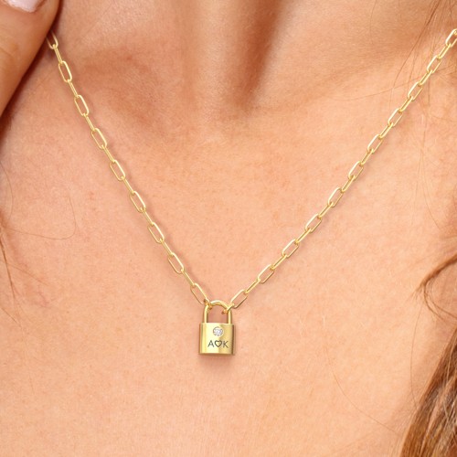Engravable Lock Necklace with Gemstone