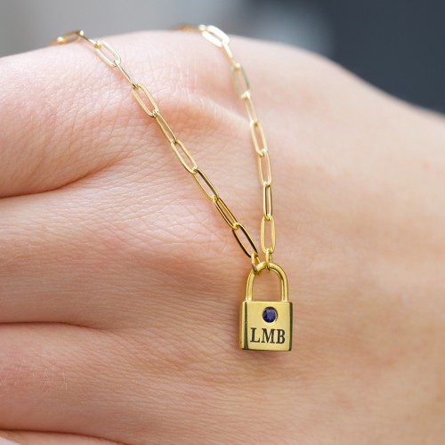Engravable Lock Necklace with Gemstone