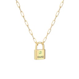 Engravable Lock Necklace with Gemstone in 18K Gold Plated Silver with Peridot