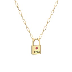 Engravable Lock Necklace with Gemstone in 18K Gold Plated Silver with Garnet