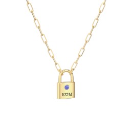 Engravable Lock Necklace with Gemstone in 18K Gold Plated Silver with Blue Sapphire