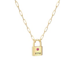 Engravable Lock Necklace with Gemstone in 18K Gold Plated Silver with Ruby