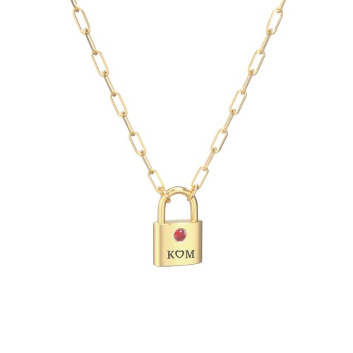 Engravable Lock Necklace with Gemstone – 18K Gold Plated Silver with Garnet