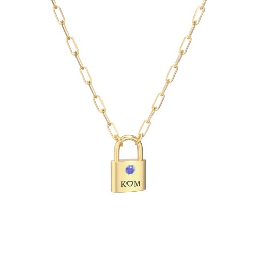 Engravable Lock Necklace with Gemstone – 18K Gold Plated Silver with Blue Sapphire