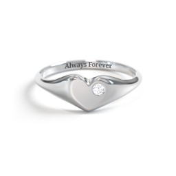 Initial Heart Signet Ring with Gemstone in 925 Sterling Silver with Diamond