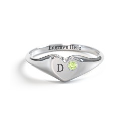 Initial Heart Signet Ring with Gemstone in 925 Sterling Silver with Peridot
