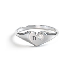 Initial Heart Signet Ring with Gemstone in 925 Sterling Silver with Opal