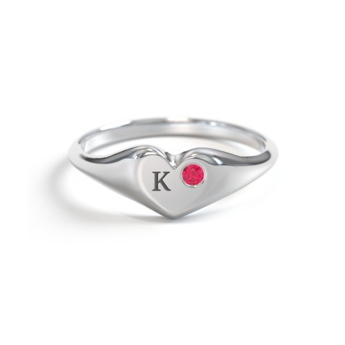 Initial Heart Signet Ring with Gemstone – Sterling Silver with Ruby