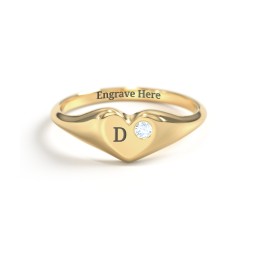Initial Heart Signet Ring with Gemstone in Vermeil with Aquamarine