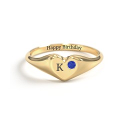 Initial Heart Signet Ring with Gemstone in Vermeil with Blue Sapphire