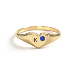 Initial Heart Signet Ring with Gemstone in Vermeil with Blue Sapphire