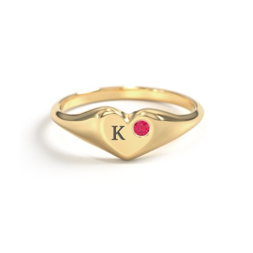 Initial Heart Signet Ring with Gemstone – Vermeil with Ruby