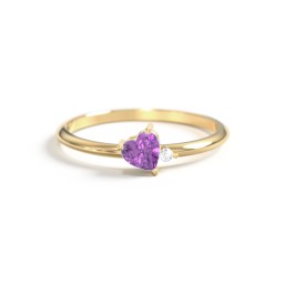Dainty Diagonal Gemstone Heart Ring with Accent in 18K Gold Plated Silver with Amethyst and Cubic Zirconia