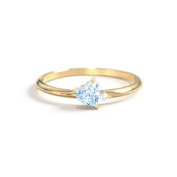 Dainty Diagonal Gemstone Heart Ring with Accent in 18K Gold Plated Silver with Aquamarine and Cubic Zirconia