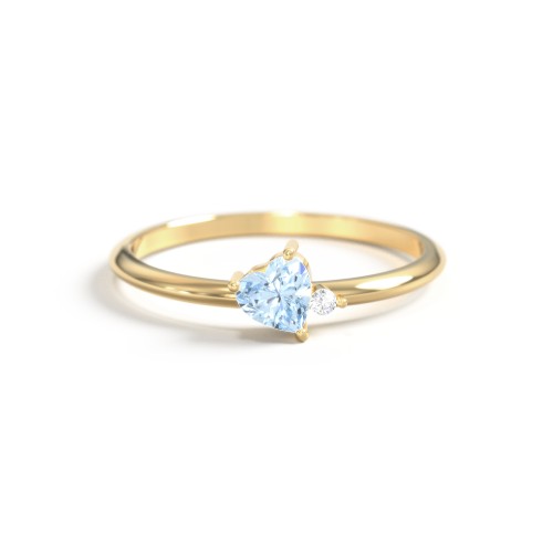 Dainty Diagonal Gemstone Heart Ring with Accent – 18K Gold Plated Silver with Aquamarine and Cubic Zirconia