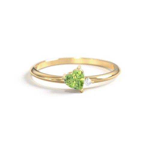 Dainty Diagonal Gemstone Heart Ring with Accent – 18K Gold Plated Silver with Peridot and Cubic Zirconia