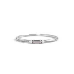 Dainty East-West Minimalist Baguette Ring with Accents in 925 Sterling Silver with Smokey Quartz and Cubic Zirconia