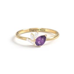Tilted Pear Gemstone Ring with Cluster Accents in 9K Solid Yellow Gold with Amethyst and Cubic Zirconia