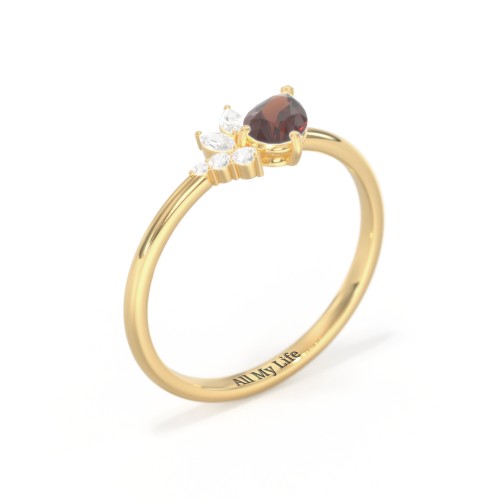 Tilted Pear Gemstone Ring with Cluster Accents – 9kt Yellow Gold with Garnet and Cubic Zirconia