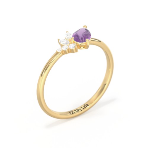 Tilted Pear Gemstone Ring with Cluster Accents – 9kt Yellow Gold with Amethyst and Cubic Zirconia