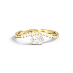 East-West Oval Gemstone Curved Ring with Accents in 9K Solid Yellow Gold with Diamond