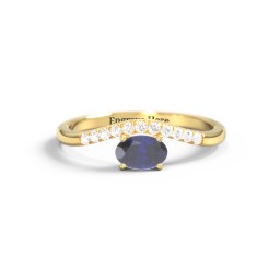 East-West Oval Gemstone Curved Ring with Accents in 9K Solid Yellow Gold with Blue Sapphire and Cubic Zirconia
