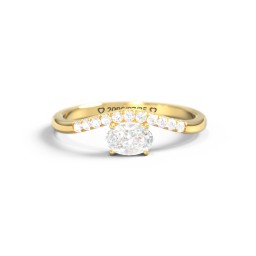 East-West Oval Gemstone Curved Ring with Accents in 9K Solid Yellow Gold with Lab Diamond and Diamond
