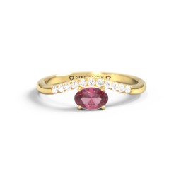 East-West Oval Gemstone Curved Ring with Accents in 9K Solid Yellow Gold with Pink Tourmaline and Cubic Zirconia