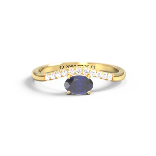 East-West Oval Gemstone Curved Ring with Accents – 9kt Yellow Gold with Blue Sapphire and Cubic Zirconia