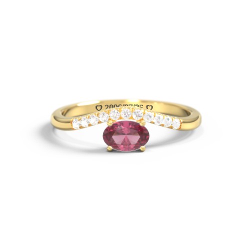 East-West Oval Gemstone Curved Ring with Accents – 9kt Yellow Gold with Pink Tourmaline and Cubic Zirconia