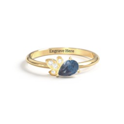 Pear Gemstone Ring with Leaf Motif Accent Stones in 18K Gold Plated Silver with Blue Topaz and Cubic Zirconia